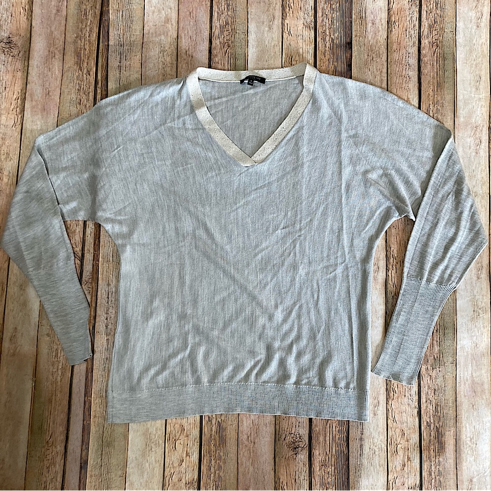 Lafayette 148 Metallic Shimmer V-neck Soft Silk Feel Long Sleeve Silver/Gray S
